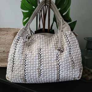 Large white and taupe woven hobo bag.